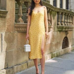 Reformation Crimini, Gwen Yellow Floral Print, Midi Slip Dress (8) Leg Slit